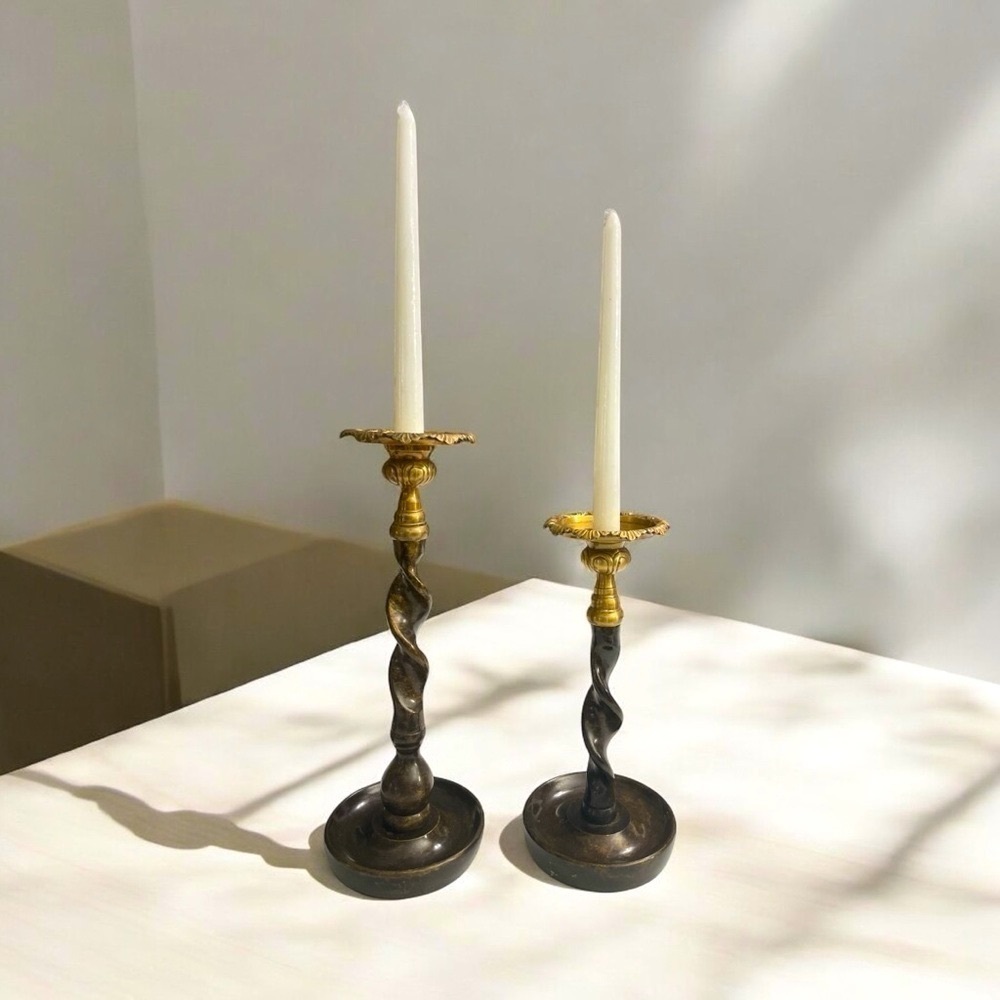 Maitland Smith Barley Twist Candle Holder Brass Bronze Taper Pillar 13” & 11”